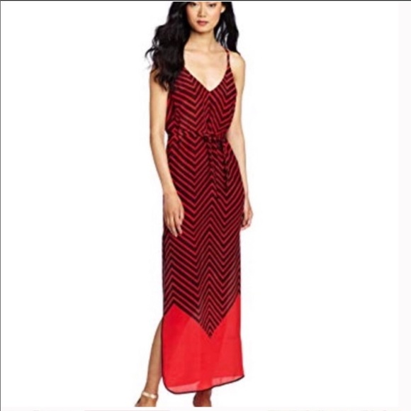 French Connection red & navy chevron print 100% silk maxi dress size 10 - Picture 2 of 13